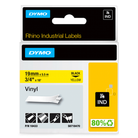 Dymo 18433 Industrial Permanent Vinyl Labels, Black on Yellow, 19mm