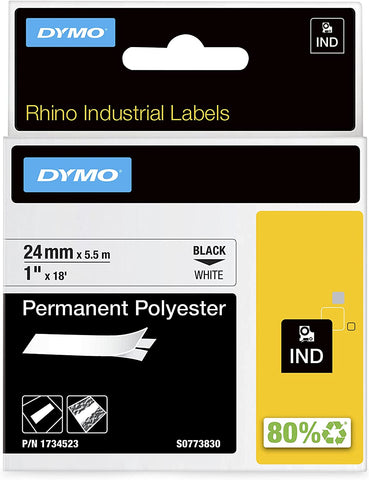 Dymo 1734523 Industrial Permanent Polyester Labels, Black on White, 24mm