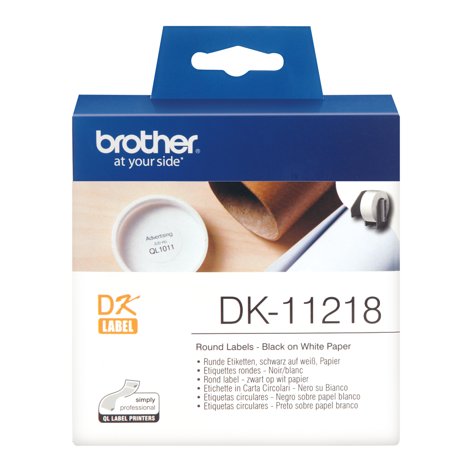 Brother DK-11218 Label Roll – Black on White, 24mm round labels - 1000 labels per roll