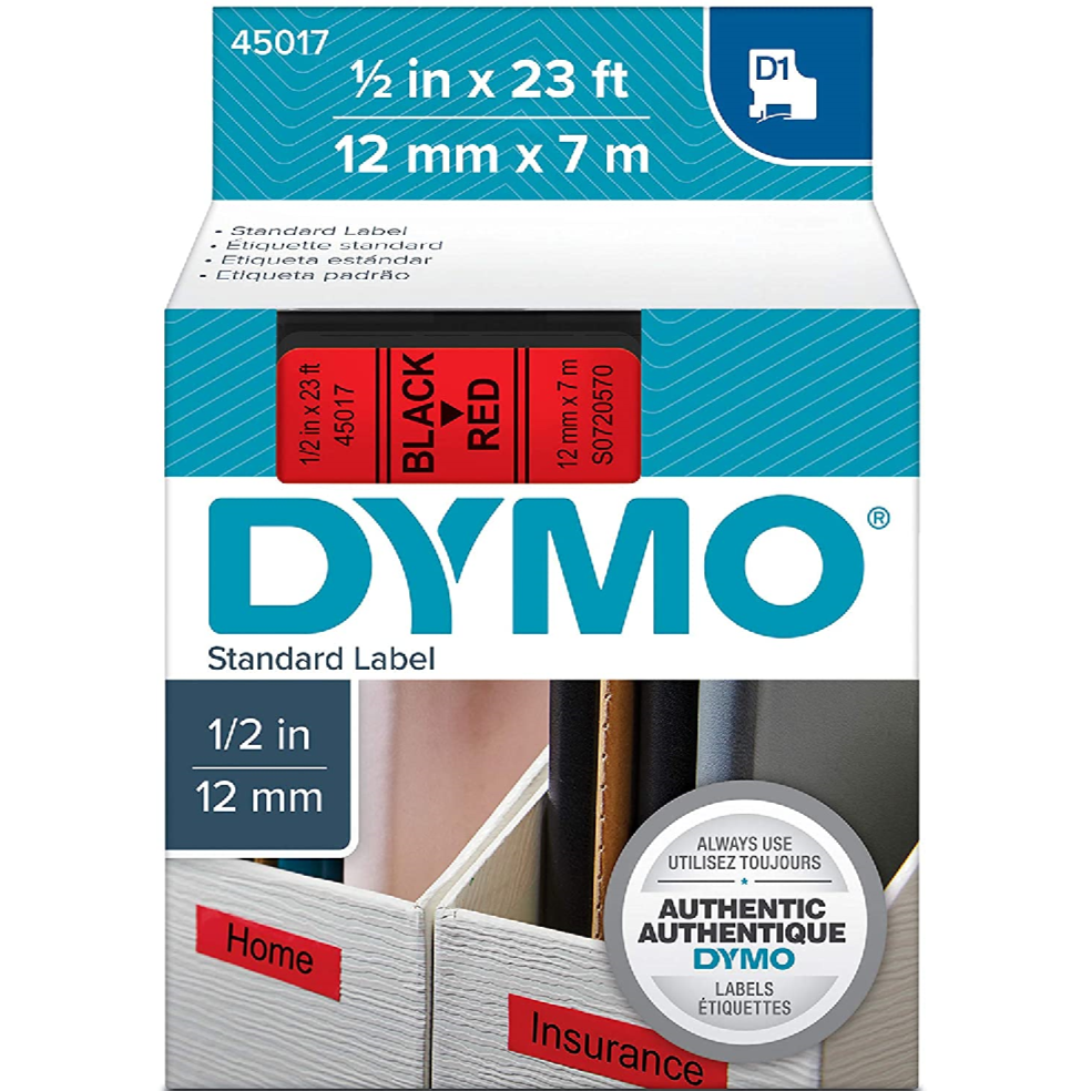 Dymo 45017 Permanent Self-Adhesive D1 Polyester Label Tape, Black on Red, 12mm