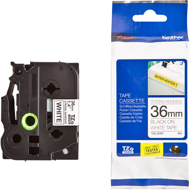 Brother TZe-S261 P-Touch Labelling Tape 36mm Black on White Strong Adhesive
