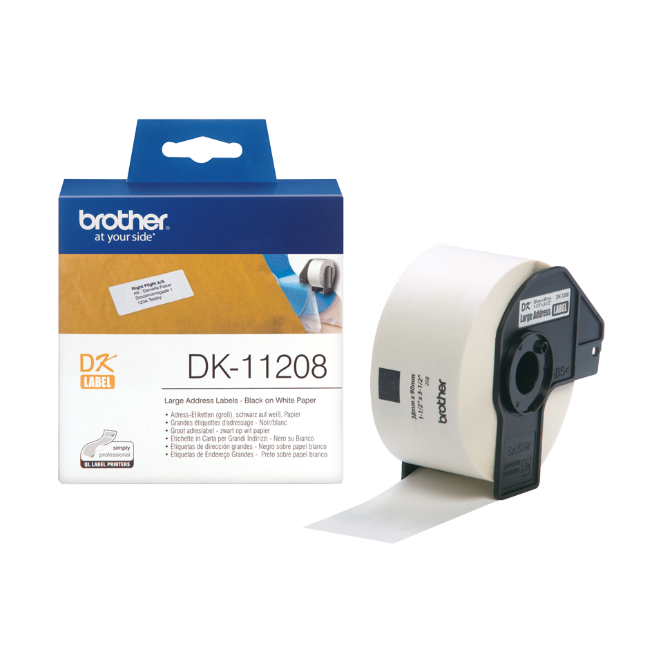 Brother DK-11208 38mm x 90mm 400 Label Roll, Large Address Labels (Black On White)