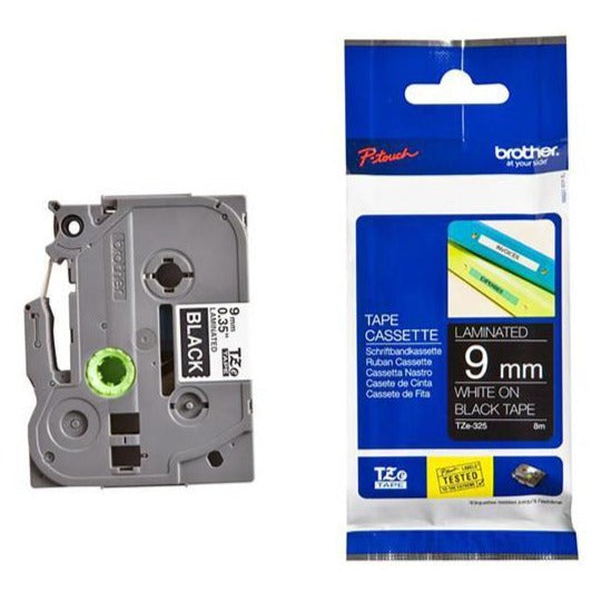 Brother TZe-325 P-Touch Labelling Tape 9mm White on Black