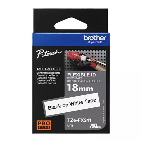 Brother TZe-FX241 Black on White Flexible P-Touch Labelling Tape, 18mm width
