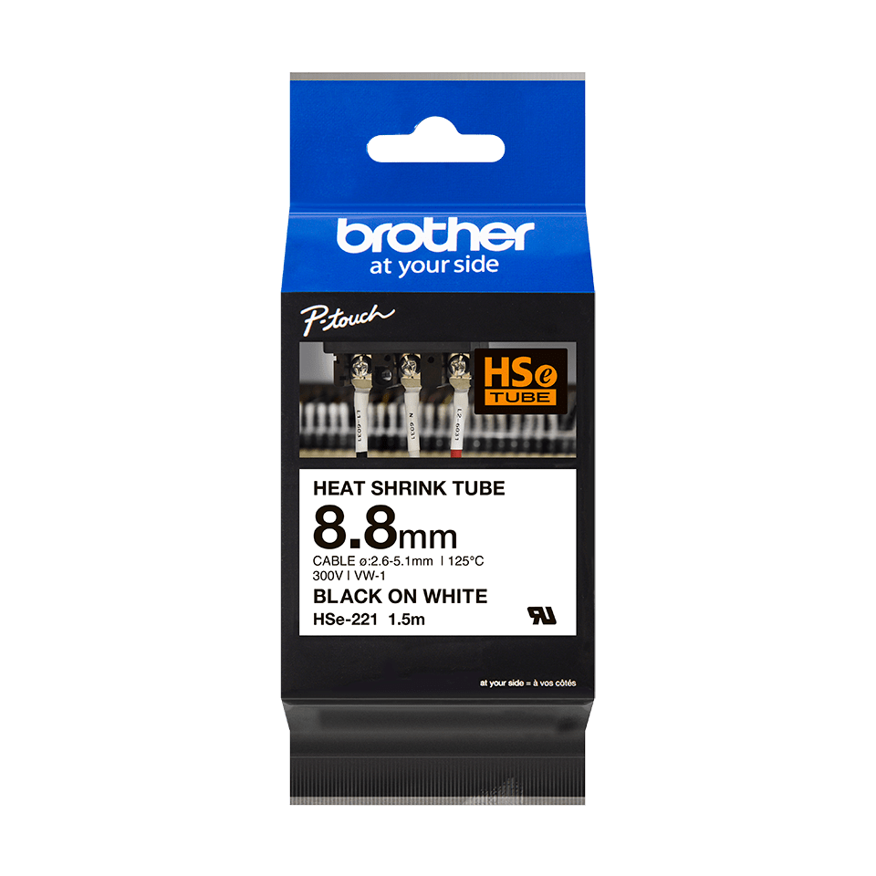 Brother HSE-221 8.8mm Heat Shrink Tube Cartridge / Tape Cassette - Black on White