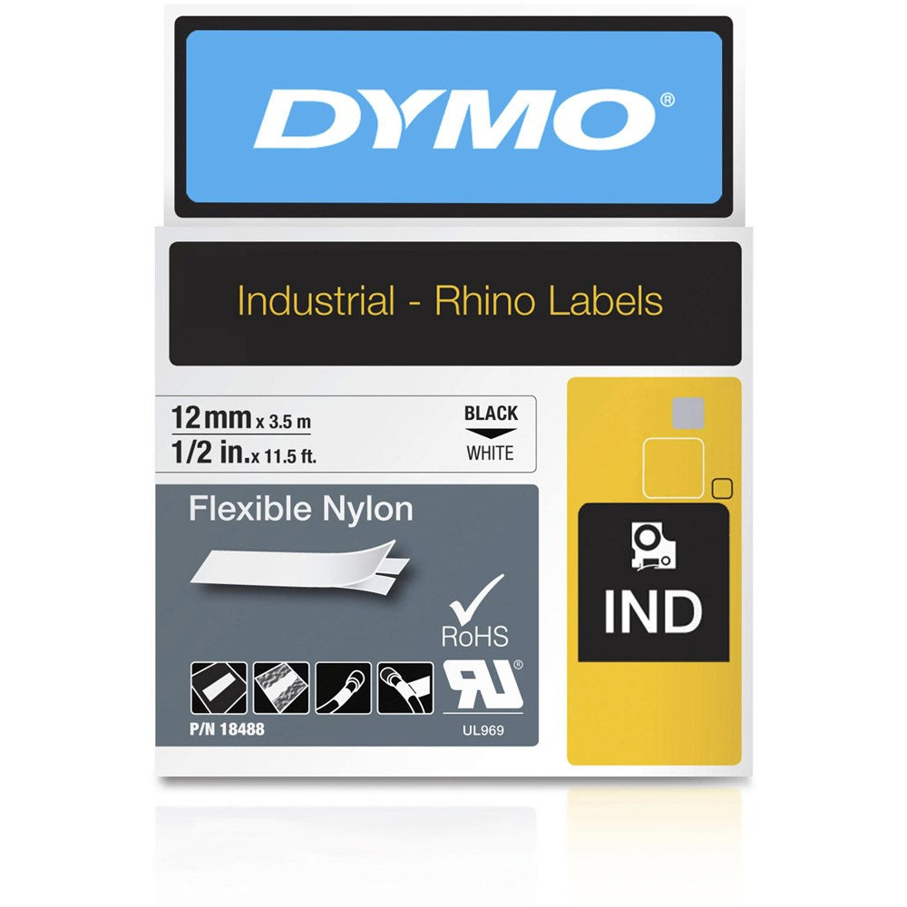Dymo 18488 Industrial Flexible Nylon Labels, Black on White, 12mm