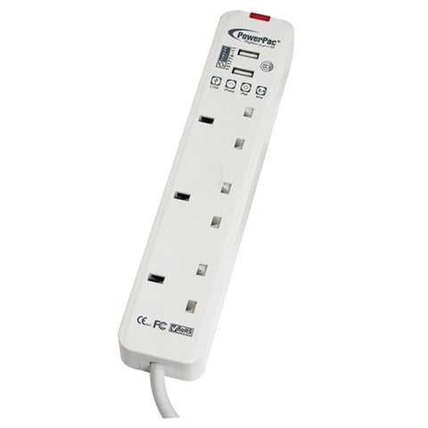 3-Plug 2M Extension Cord with USB and Built-in Surge Protector