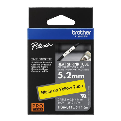 Brother HSE-611E 5.2mm Heat Shrink Tube Cartridge / Tape Cassette - Black on Yellow