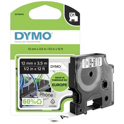 Dymo S0718040 D1 Flexible Nylon Tape 12mm x 3.5m, Black on White