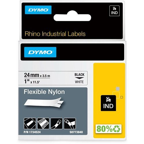 Dymo 1734524 Industrial Flexible Nylon Labels, Black on White, 24mm