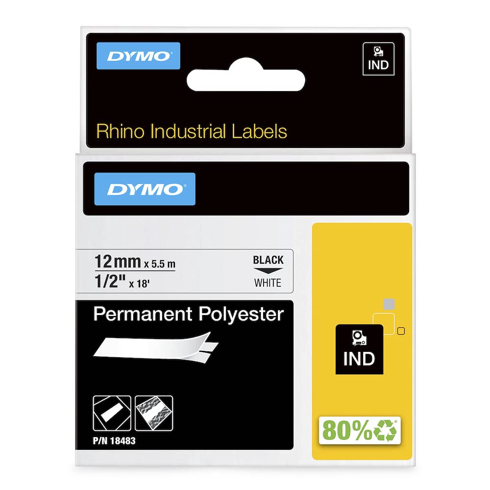 Dymo 18483 Industrial Permanent Polyester Labels, Black on White, 12mm