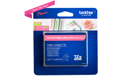 Brother TZe-MQP35 P-Touch Labelling Tape 12mm White on Berry Pink