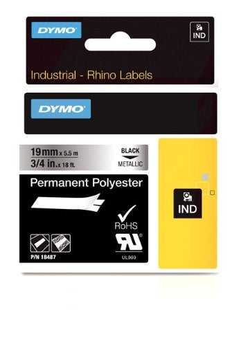 Dymo 18487 Industrial Permanent Labels, Black on Metallic, 19mm