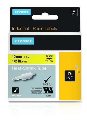 Dymo 18056 Industrial Heat Shrink Tubes, Black on Yellow, 12mm
