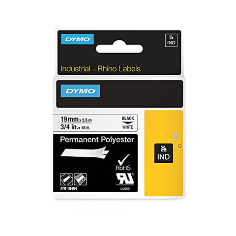 Dymo 18484 Industrial Permanent Polyester Labels, Black on White, 19mm