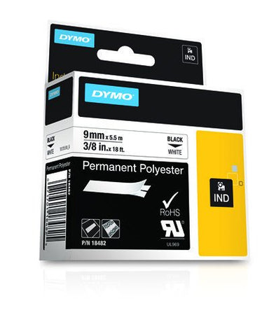 Dymo 18482 Industrial Permanent Polyester Labels, Black on White, 9mm