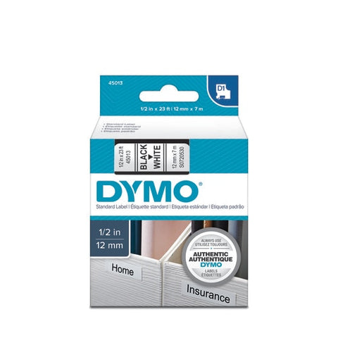 Dymo 45013 Permanent Self-Adhesive D1 Polyester Label Tape, Black on White, 12mm