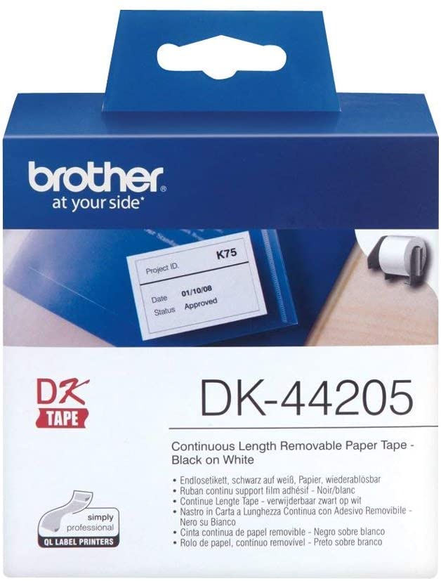 Brother DK-44205 62mm x 30.48m Continuous Length Removable Paper Label Roll (Black On White)