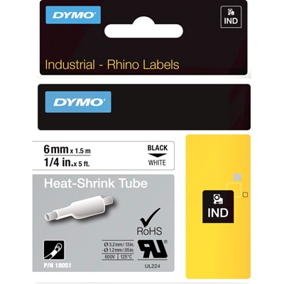 Dymo 18051 Industrial Heat Shrink Tubes, Black on White, 6mm