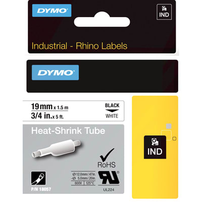 Dymo 18057 Industrial Heat Shrink Tubes, Black on White, 19mm
