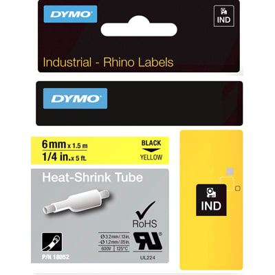 Dymo 18052 Industrial Heat Shrink Tubes, Black on Yellow, 6mm