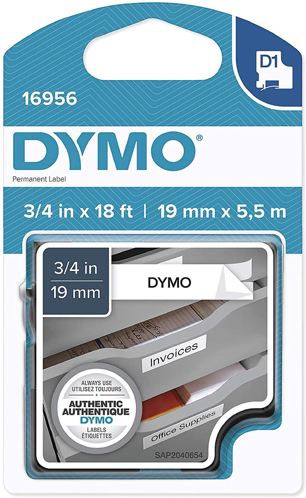 Dymo 16956 Permanent Plastic Tape, Black on White, 19mm