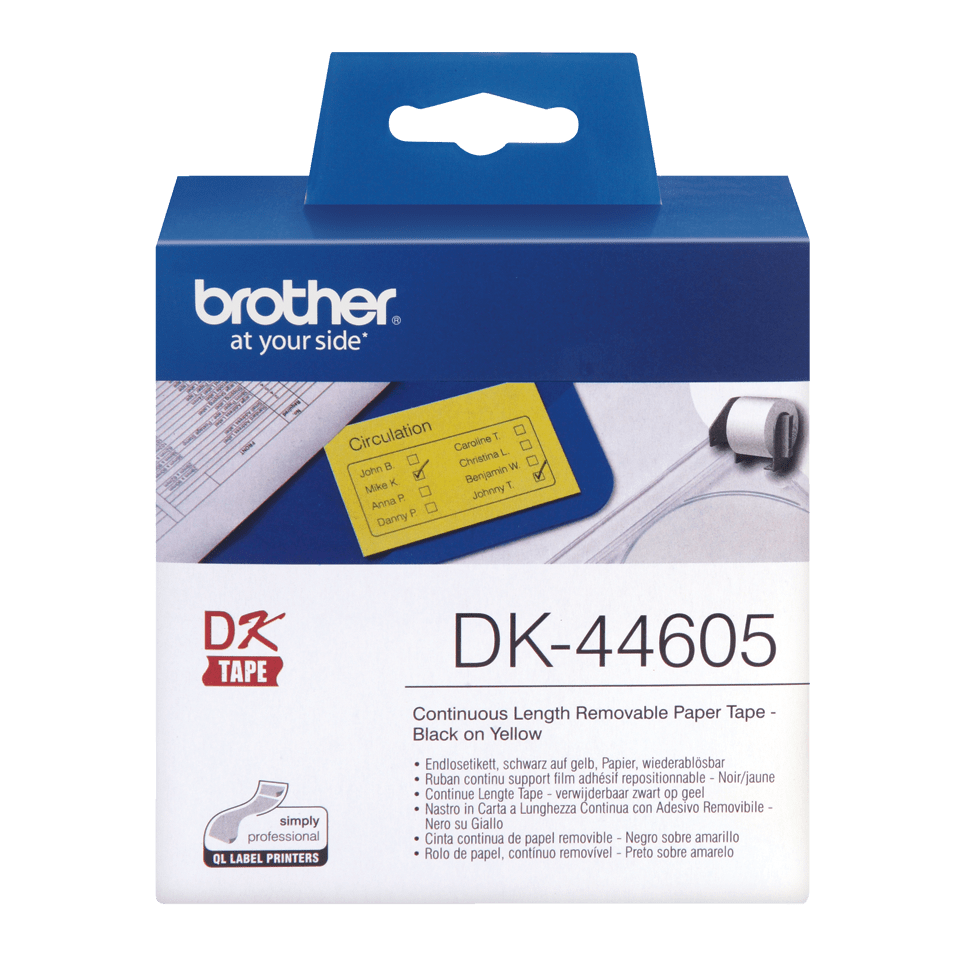 Brother DK-44605 62mm x 30.48m Continuous Paper Label Roll with Removable Adhesive (Black on Yellow)