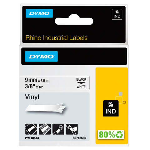 Dymo 18443 Industrial Permanent Vinyl Labels, Black on White, 9mm