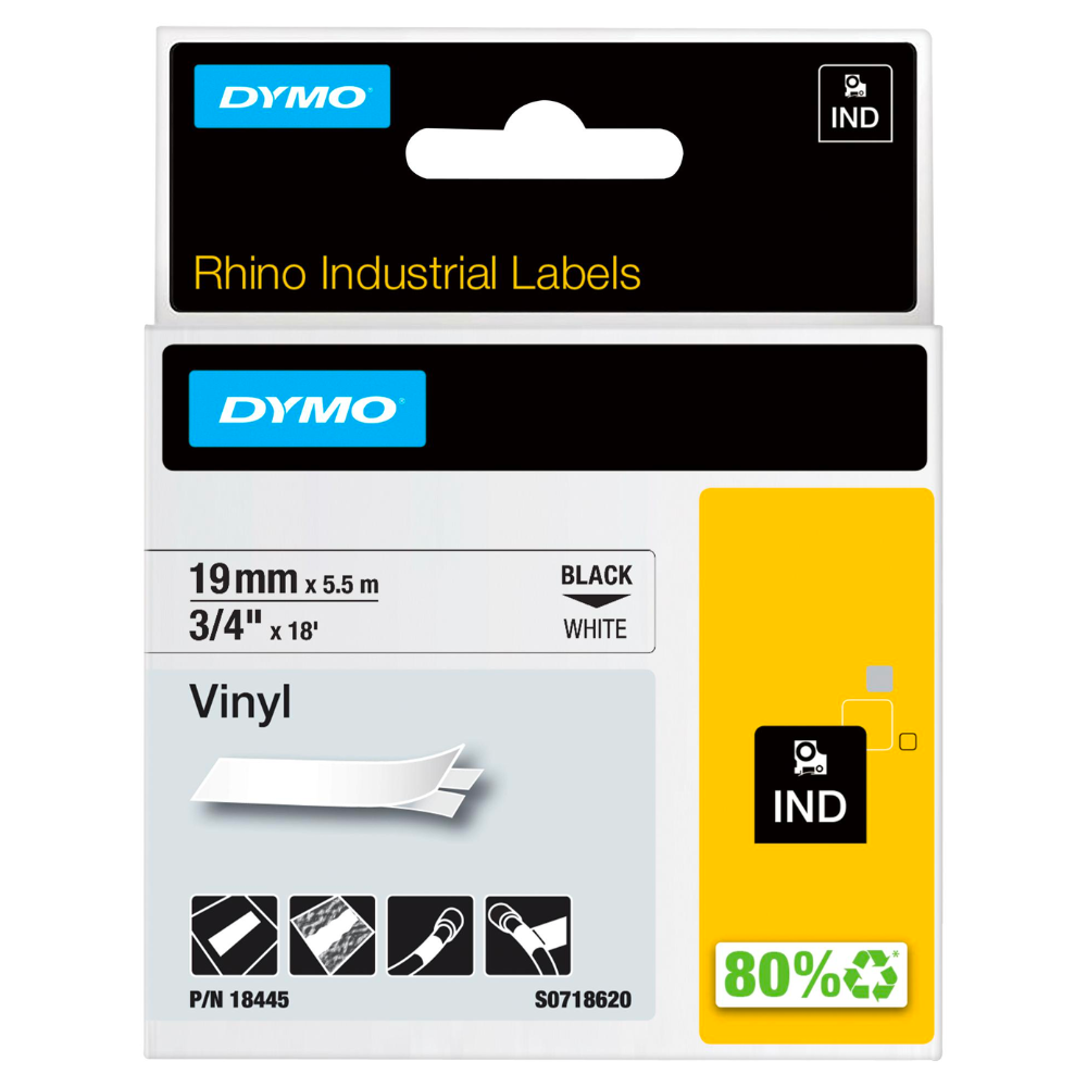 Dymo 18445 Industrial Permanent Vinyl Labels, Black on White, 19mm