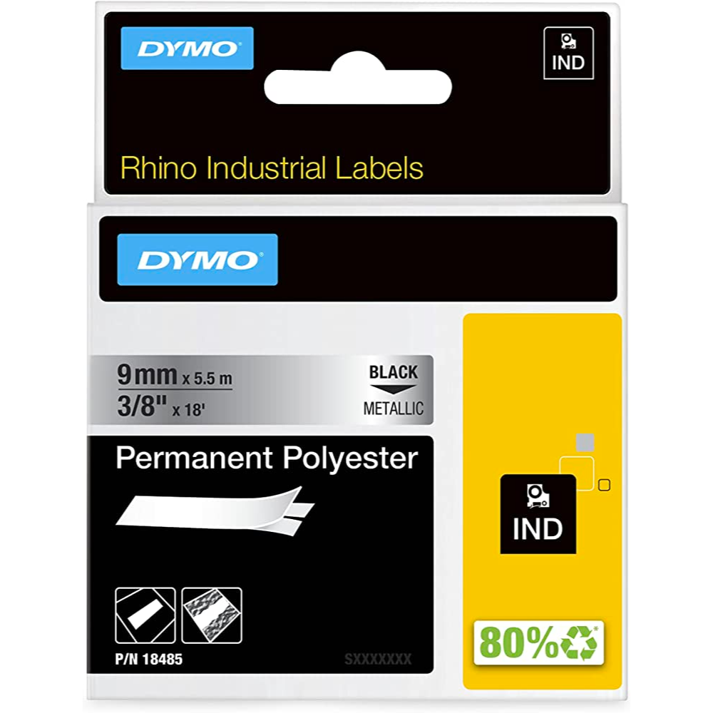Dymo 18485 Industrial Permanent Labels, Black on Metallic, 9mm