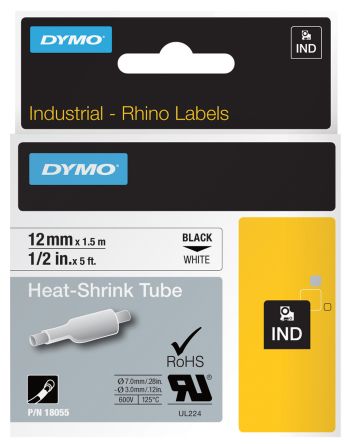 Dymo 18055 Industrial Heat Shrink Tubes, Black on White, 12mm