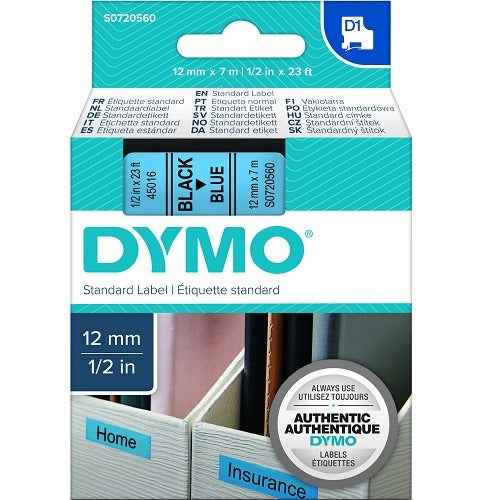 Dymo 45016 Permanent Self-Adhesive D1 Polyester Label Tape, Black on Blue, 12mm