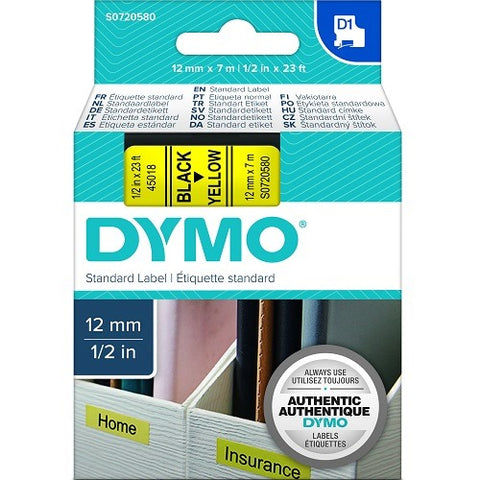Dymo 45018 Permanent Self-Adhesive D1 Polyester Label Tape, Black on Yellow, 12mm