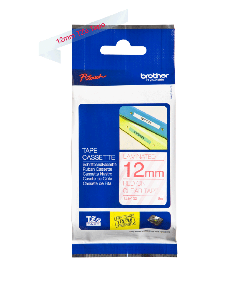 Brother TZe-132 P-Touch Labelling Tape 12mm Red on Clear