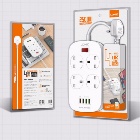 LDNIO SK4463 2-Meter Extension Cord with 4 Socket Outlets and 4 USB (1 port QC3.0) 250V/2500W/10A Extension Charge Plug