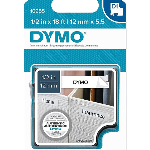 Dymo 16955 Permanent Plastic Tape, Black on White, 12mm