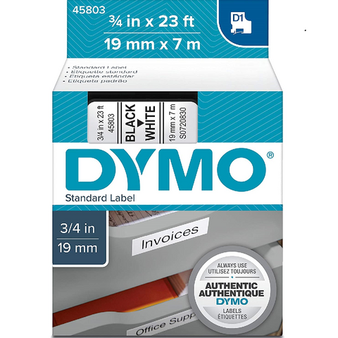 Dymo 45803 Permanent Self-Adhesive D1 Polyester Label Tape, Black on White, 19mm