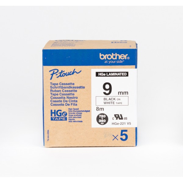 Brother HGe-221 High Grade Laminated Tape 9mm Black on White