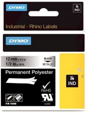 Dymo 18486 Industrial Permanent Labels, Black on Metallic, 12mm