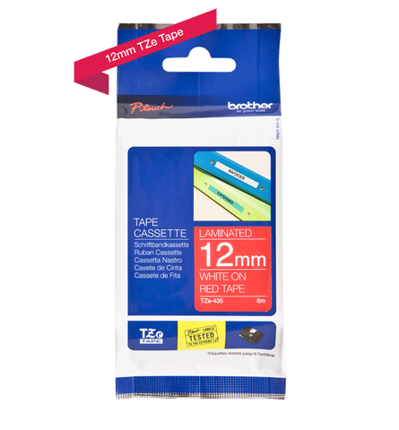 Brother TZe-435 P-Touch Labelling Tape 12mm White on Red