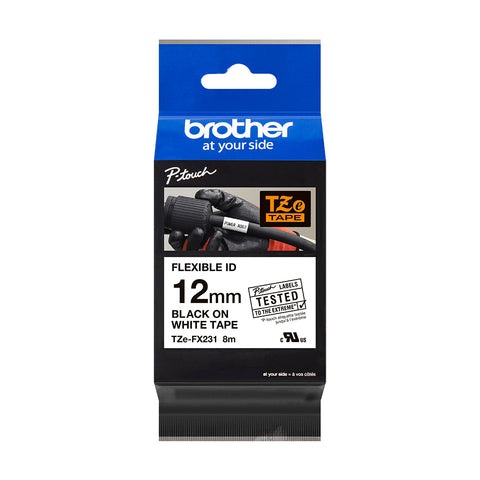 Brother TZe-FX231 Black on White Flexible P-Touch Labelling Tape, 12mm width