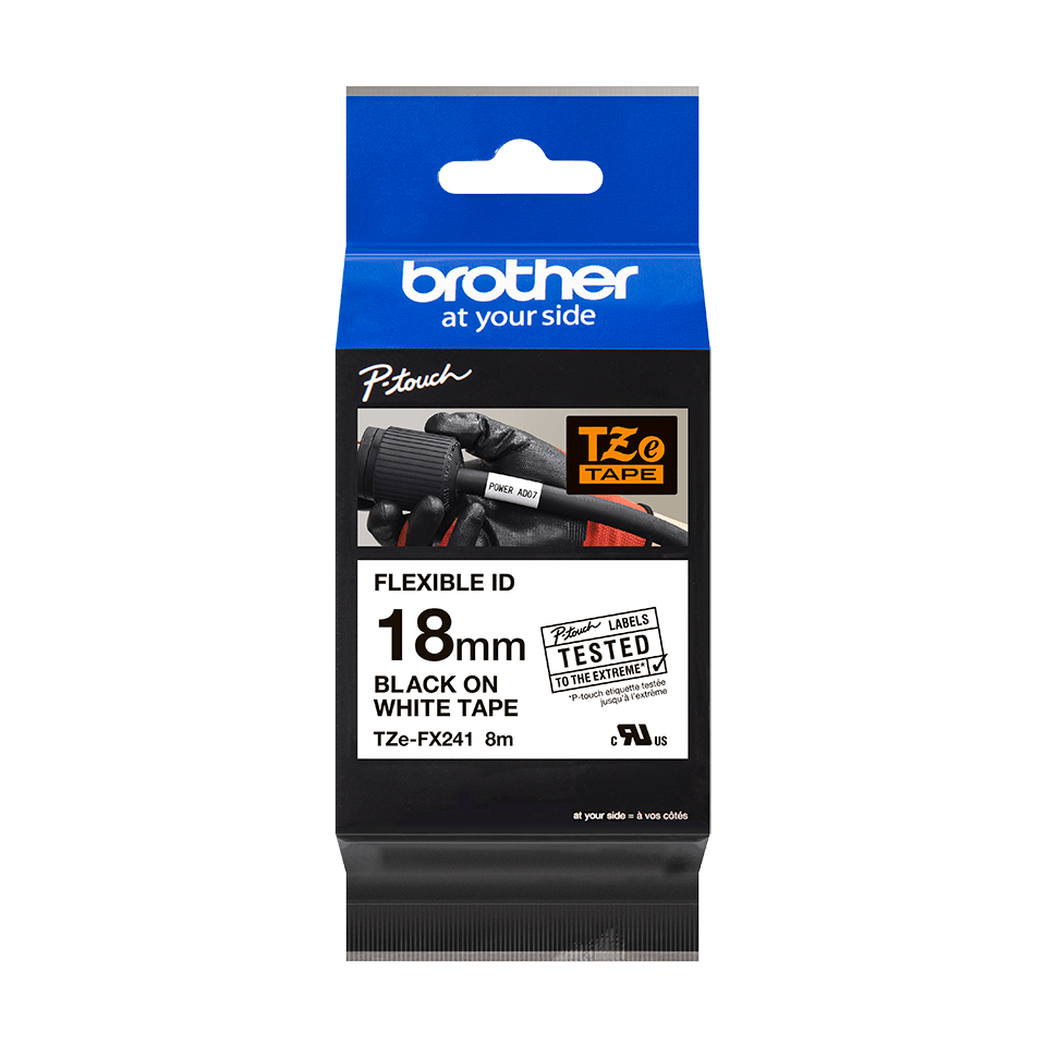 Brother TZe-FX241 Black on White Flexible P-Touch Labelling Tape, 18mm width